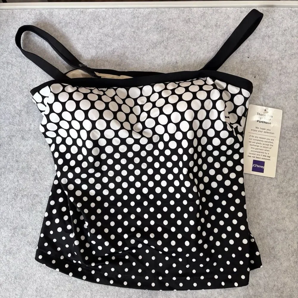 LE COVE Swim Top Women Size 16 Black Polka Dot Squareneck Tankini Swimwear